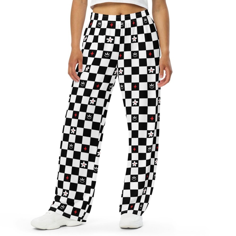 Floral Checkerboard Wide Leg Unisex Pants