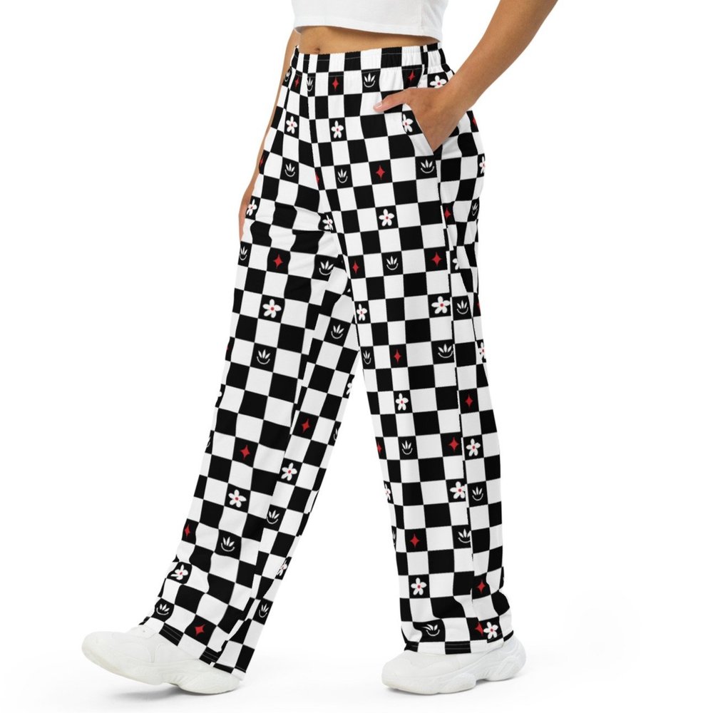 Floral Checkerboard Wide Leg Unisex Pants