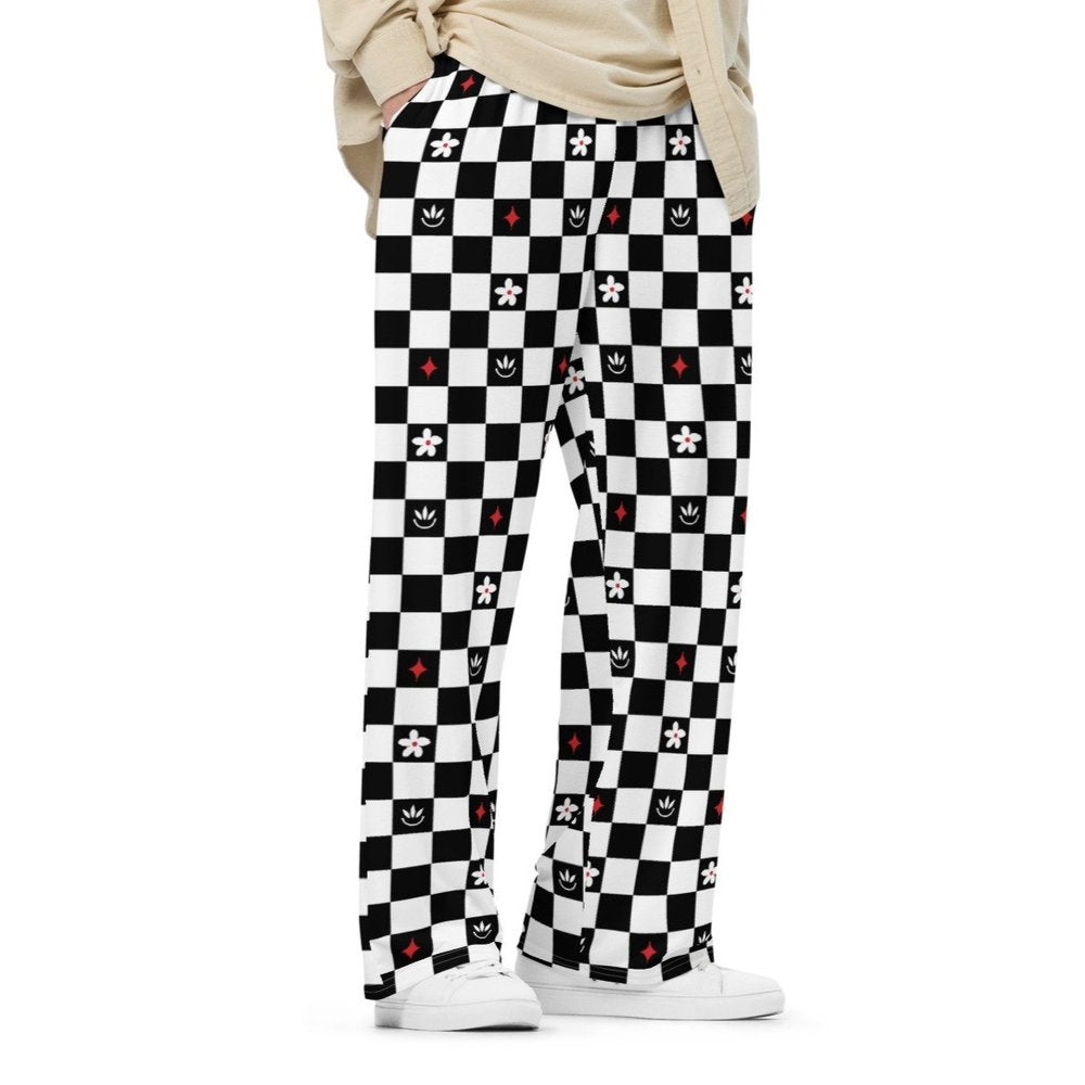 Floral Checkerboard Wide Leg Unisex Pants